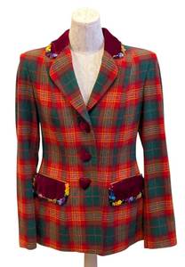 lot 9MP image: Vintage Moschino Cheap & Chic Plaid Wool Jacket - Velvet Collar & Heart Buttons - Size 8 - 1990s