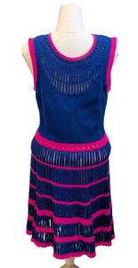 lot 36MP image: Nanette Lepore Crochet Dress - Blue with Pink Trim  Vintage Nanette Lepore Classa Flirt Crocheted Dress