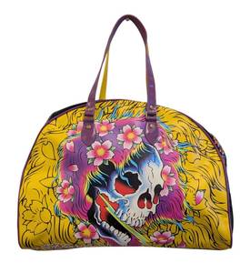 lot 50MP image: Vintage Ed Hardy True Love Large Travel Bag - Vintage Ed Hardy True Love Skull Design, Yellow & Purple Handles