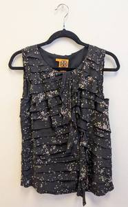 lot 92CH image: Tory Burch Silk Sleeveless Top - Navy Layered Ruffle Print - Size 4
