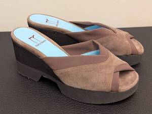 lot 141CH image: Thierry Rabotin Brown Suede & Fabric Wedge Sandal - Peep Toe EU 36  US 6