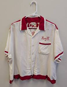 lot 156SC image: Vintage Mens Bowling Shirt - Ace Bowling Co The Classic, WhiteRed, Troy Logo