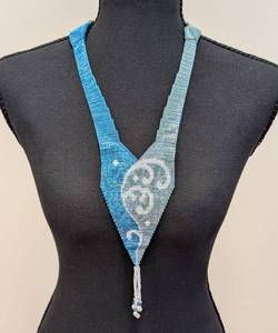 lot 175MP image: Beaded Collar Necklace - Gradient Blue Beads with White Swirl Pattern, Pearl Tassel