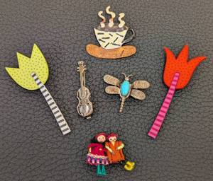 lot 186MP image: Sterling Violin Brooch & Floral and Folk Art Pins (Lot of 6)
