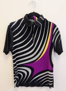 lot 205CH image: Jamie Sadock Womens Shirt S - Abstract BlackWhite Stripe Polo With Magenta & Yellow Accent