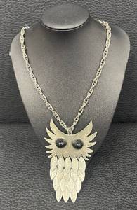 lot 57DZ image: DZ - Vintage 1970s Owl Pendant Necklace - 4.5-Inch Pendant, 21-Inch Chain, Black Cabochon Eyes
