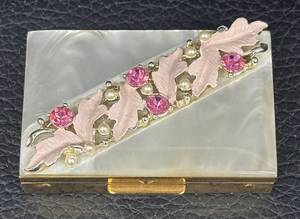 lot 58DZ image: Saks Fifth Avenue Vintage Compact - Pink Rhinestones & Pearls on Mother-of-Pearl Lid