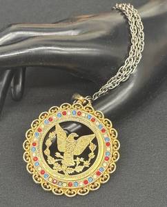 lot 60DZ image: DZ - Rare Vintage American Eagle Gold Tone Pendant with Red Clear Blue Crystals