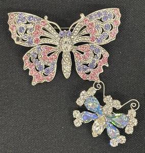 lot 74DZ image: DZ - Two Butterfly Brooches - Pink & Purple Crystals - Silver Tone