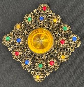 lot 76DZ image: Colorful Vintage Brooch - Vintage Gold-Tone Filigree Square with Yellow Center Stone & Colored Rhinestones