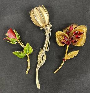 lot 95DZ image: DZ - Three Floral Brooches - Gold-Tone with Red Rhinestones & Enamel Leaves