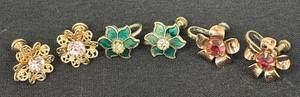 lot 99DZ image: DZ - Vintage screw-back floral earrings - pink rhinestone centers & green enamel petals