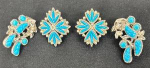 lot 133DZ image: DZ - Turquoise Clip-On Earrings - Two Pairs, Starburst & Leaf Motifs