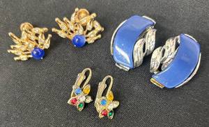 lot 137DZ image: DZ - Three-Pair Clip-On Earrings - Gold-Tone Branch Rhinestone, Blue Enamel Crescent, Multicolor Floral