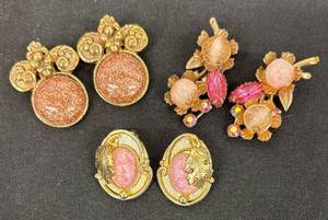 lot 140DZ image: DZ - Three Pairs Ornate Clip-On Earrings - Pink Glitter Discs, Pink Crystal Drops, Pink Cameo Gold-Tone