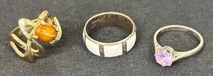 lot 143DZ image: DZ - Amethyst Ring, Amber Cabochon Ring & White Sterling Silver Inlay Ring
