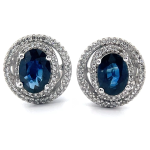 lot 7 image: 0.30 Carat Natural Blue Sapphire & Natural Diamond Double Halo Stud Earrings in 14k Gold Retail $2,395 VIDEO