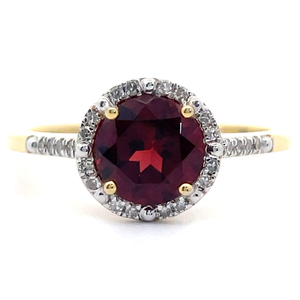 lot 20 image: Natural Red Garnet & Natural Diamond Halo Ring in Yellow Gold Retail $845 VIDEO