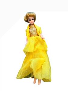 lot 19 image: Vintage Topper Dawn Doll - Yellow Satin Evening Gown with Cape, Tulle Overlay, Gold Bodice