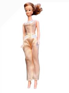 lot 23 image: Vintage Barbie Doll - Peach Satin Strapless Jumpsuit, Brown Hair - Vintage