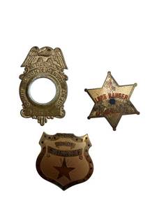 lot 60 image: Vintage Sheriff Badges Lot - Lone Ranger Star, Junior Sheriff Shield, Counter Spy (Lot of 4)