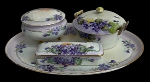 lot 82WS image: Antique Bavaria and Hand Painted Nippon Hand Painted Porcelain Tray & Lidded Trinket Dishes - Purple Pansies with Gold Trim