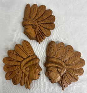 lot 84PC image: Hand-Carved Native American Chief Head Reliefs - Set of 3 Wall Decor