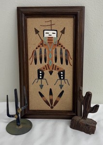 lot 85PC image: Sand Art - Native American Big Thunder Framed, Metal Cactus Figurine and Wooden Cactus