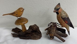lot 86PC image: Hand Carved Wooden Bird Figurines - 2-piece Set on Driftwood