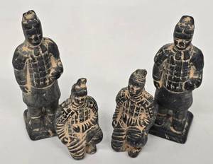 lot 200CH image: Terracotta Warrior Figures - 4 Vintage Statues, Tallest 4 in, One Hat Chipped