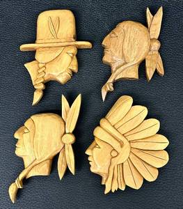 lot 22PC image: Native American Chief Head Hand Wood Carvings