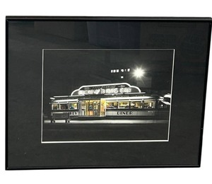 lot 244SC image: Vintage Mickeys Diner Neon Sign Print - Framed Black & White Artwork With White Mat