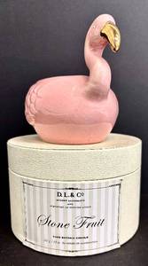 lot 126 image: D.L. & Co Stone Fruit Candle  - 60 Hours Illumination and Ceramic Flamingo Candle Holder