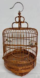 lot 139 image: Vintage Chinese Bamboo Birdcage with Porcelain Feed Bowls