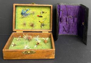lot 206 image: Wooden Box and Fly Box including Assortment Fishing Flies