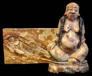 lot 215 image: Soapstone Buddha Figurine & Fossil Fish Slab
