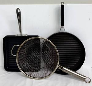 lot 223 image: All-Clad 11-In Round Grill Pan, 19.5 x 11 In Square Grill Pan & Wire Fry Basket - 3-Piece Set