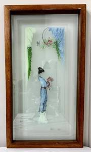 lot 295 image: Hand Painted Geisha Frosted Glass Wood-Framed Glass Panel