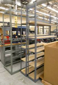 lot 31 image: 3 garage shelves - Steel frame, wood shelves