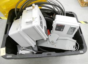 lot 151 image: Tote of 4 Watlow enclosed temp controls and a safety switch