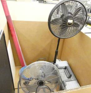 lot 184 image: pallet of 2 fans, toolbox, 2 poster board frames, wire