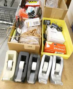 lot 194 image: Office supplies, tape dispensers, new boxes of binders, paper clips, highlighters, staples