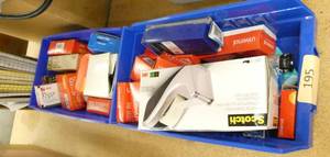 lot 195 image: Office supplies, probably 25 tape dispensers, new boxes of tape, paper clips and a bunch of note pads