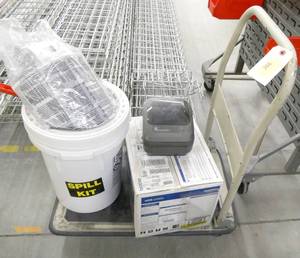 lot 266 image: Folding cart with spill kit, face shield, zebra printer and New Brother scanner