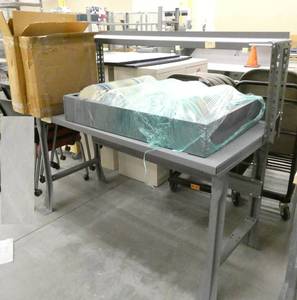 lot 271 image: Metal workbench with riser shelf and contents
