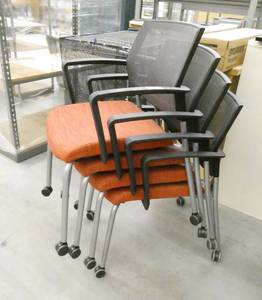 lot 272 image: Set of 4 Orange cushion stacking chairs with wheels