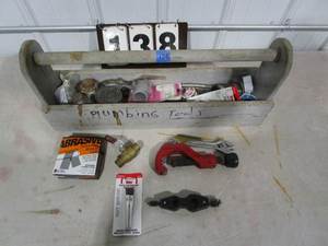 lot 138 image: Wood Tool Box with Plumbing Tools