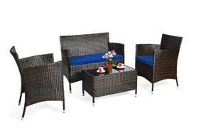 lot 7 image: Costway 4 -Piece Rattan 2 Patio Sofa Conversation Set with Blue Cushions
