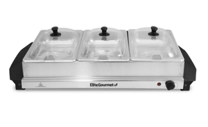 lot 108 image: Elite Gourmet 3 Tray 7.5-Quart Triple Buffet Server Food Warmer with Clear Slotted Lids