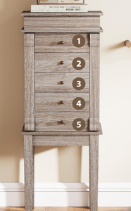 lot 312 image: COSTWAY Standing Jewelry Armoire Cabinet, Wooden Jewelry Storage Chest with 5 Drawers for Women, Girls, Grey